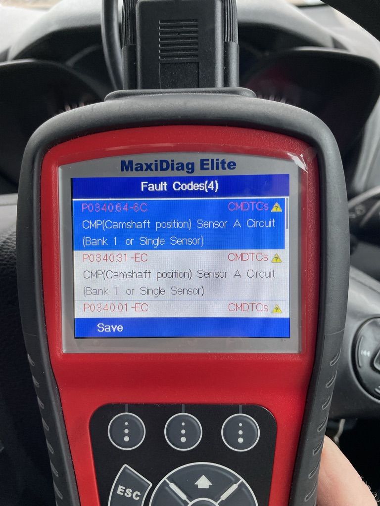 Autel MaxiDiag scanner showing three P0340 camshaft position sensor fault code variants on a van