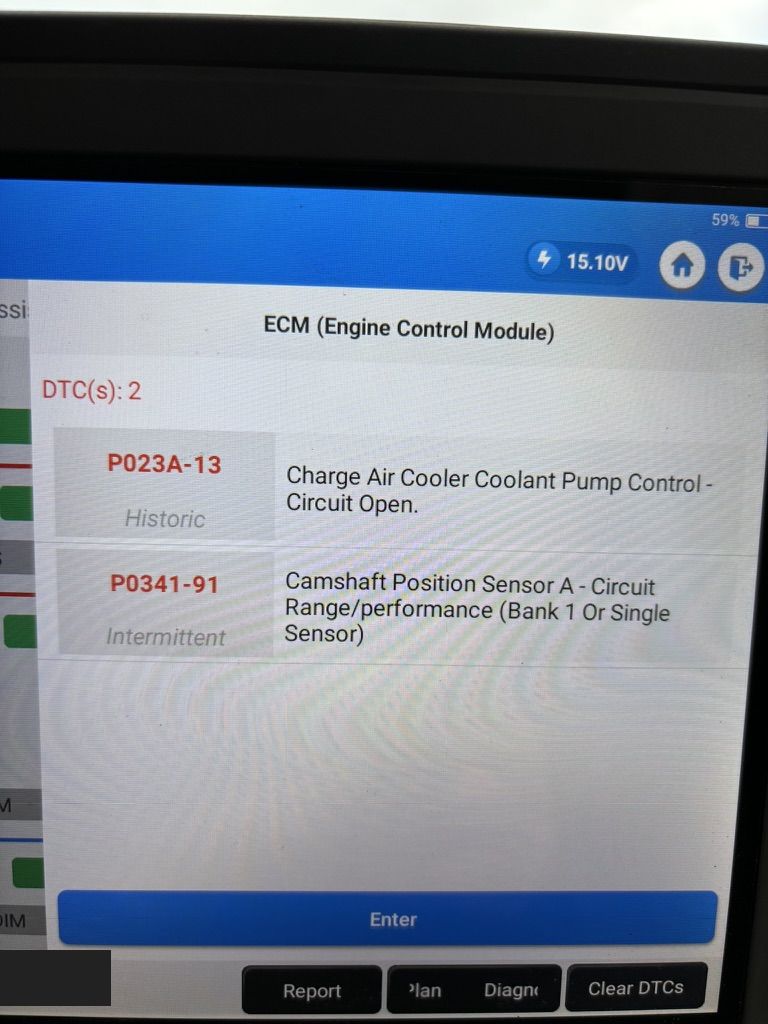 Scanner showing P0341 camshaft position sensor circuit range performance flagged intermittent