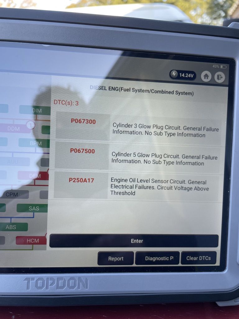 TOPDON diesel scan showing glow plug circuit fault codes for cylinders 3 and 5