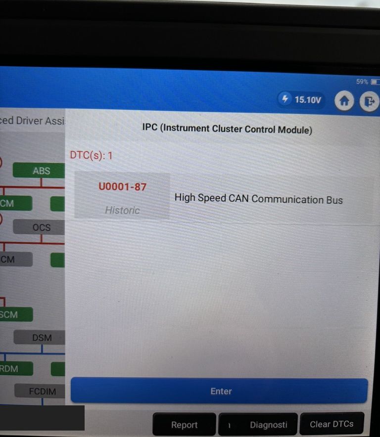 TOPDON tablet showing U0001 high speed CAN communication bus fault on the instrument cluster