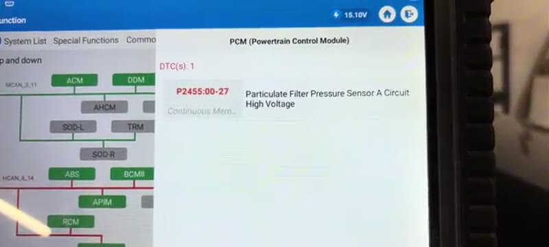 OBD scanner showing the particulate filter pressure sensor high voltage fault code on a Ford Focus ST