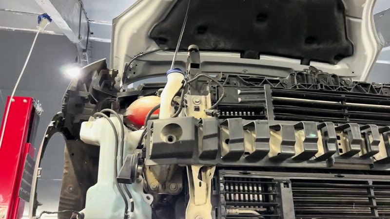 Front of the 2021 Ford Puma with the bumper removed showing the radiator pack and slam panel