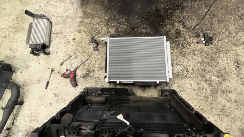 New air con condenser ready to fit into the Ford Puma radiator pack carrier