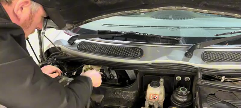 Cracking the two brake pipe unions loose with an 11mm spanner on the Mini Cooper master cylinder
