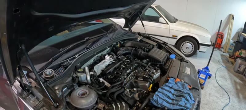 Rebuilt Skoda Superb engine bay ready for coolant and the first start