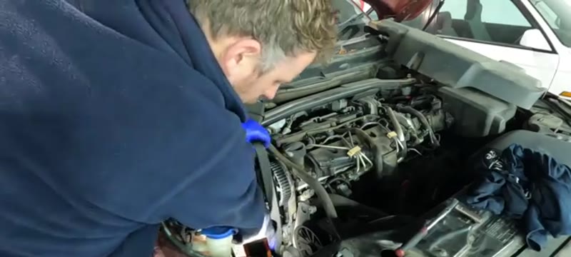 Feeding the new cambelt around the pulleys on the Volvo XC90 D5