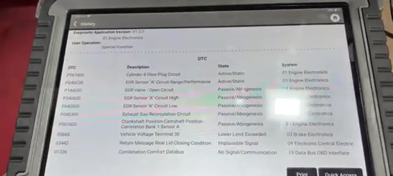 Diagnostic scanner showing multiple EGR sensor fault codes on a VW Transporter